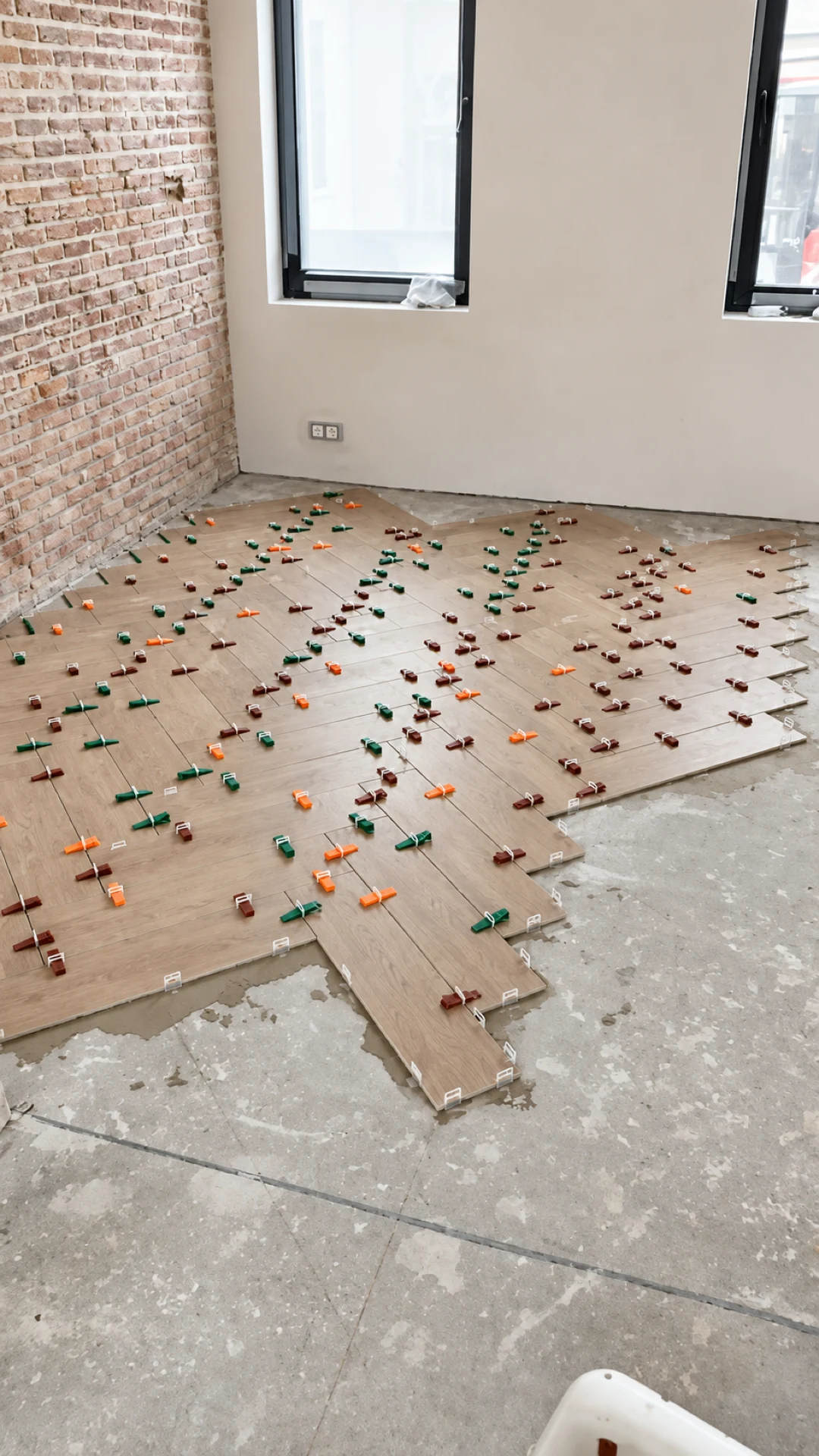 Pose de carrelage dans une pièce aux murs en brique