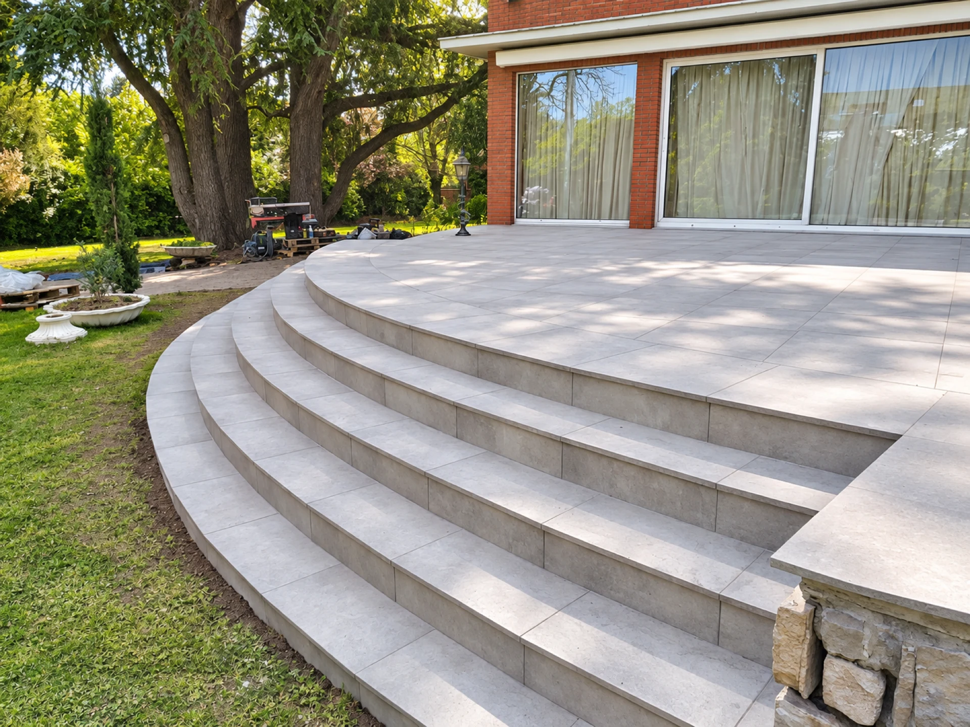 Escalier extérieur arrondi en dalles menant au jardin